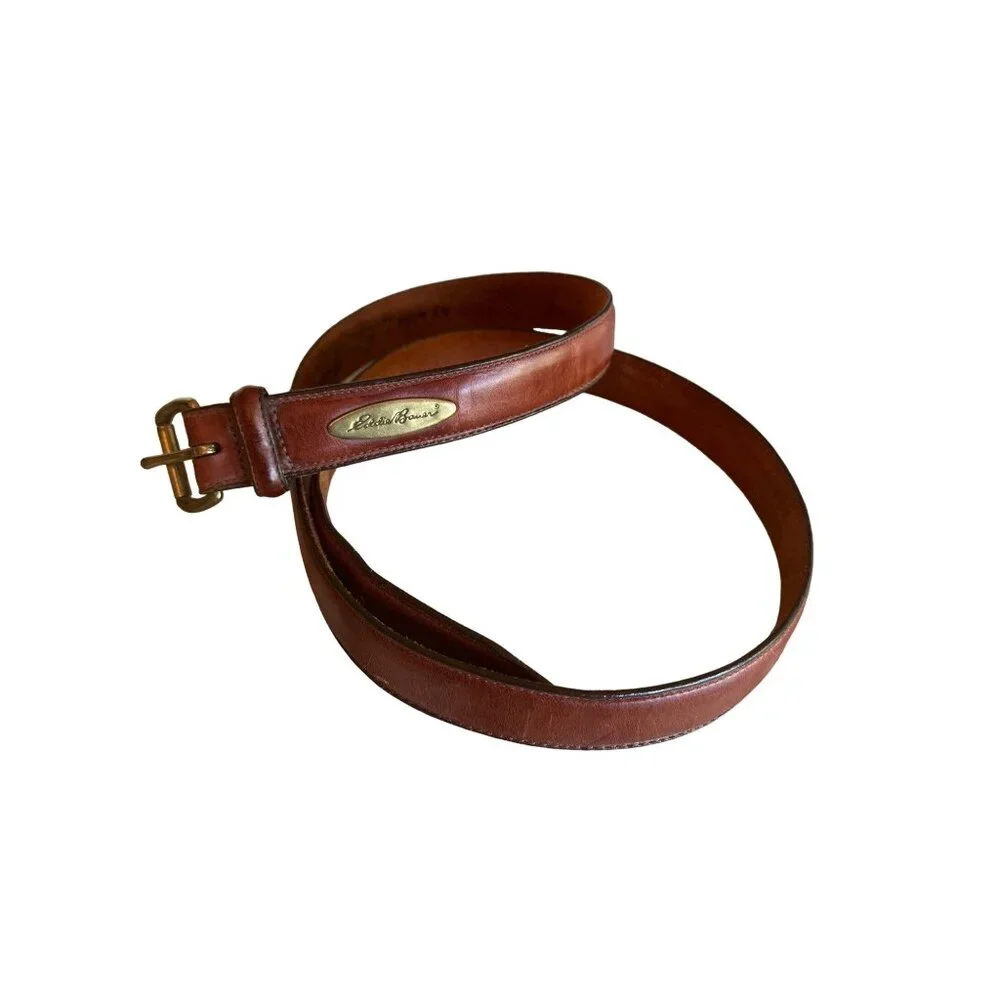 Eddie Bauer Belt Brown Leather Vintage Brass Buckle Logo Plaque Rugged Classic‎